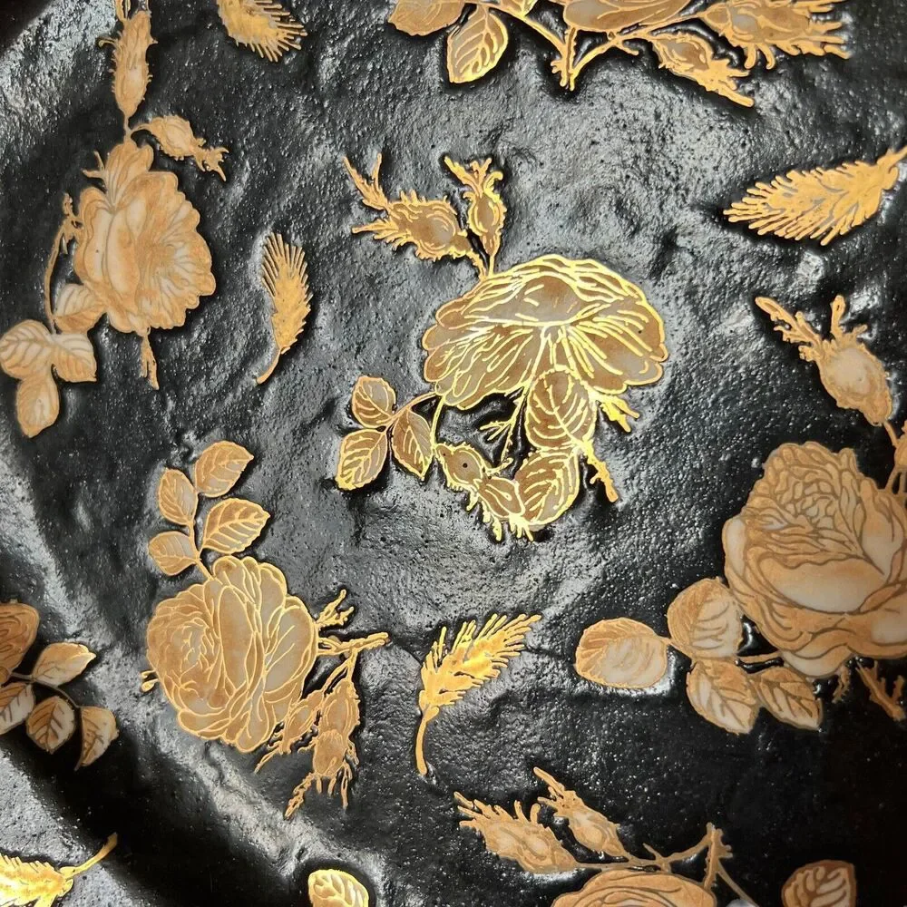 VTG Chinoiserie Polychrome Black‎ Gold Gilt Rose Floral Porcelain Platter Large